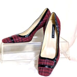 Constanca Basto Tweed Heels Leather Soles, Burgundy Black‎ Gray, Business Sz 8.5